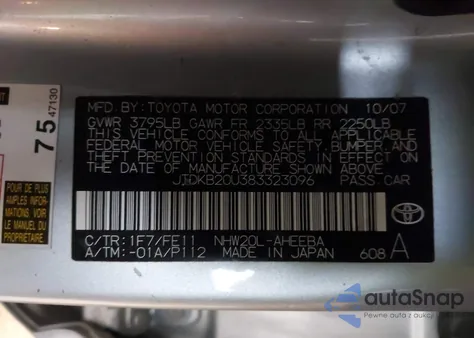 2008 Toyota Prius z USA, uszkodzony, nr VIN JTDKB20U383323096